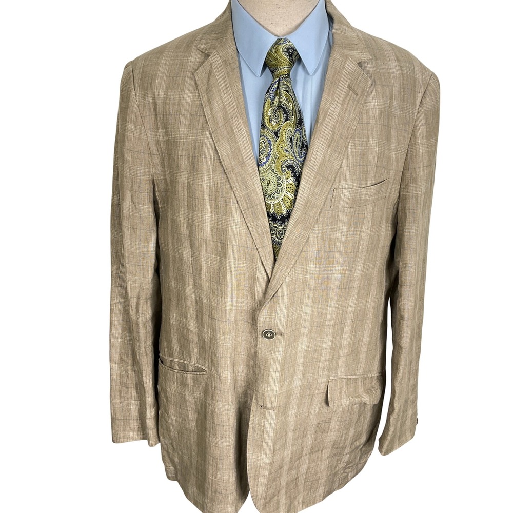 Tailorbyrd Blazer Men 44‎ Tan Blue Plaid Linen Summer Lightweight Jacket